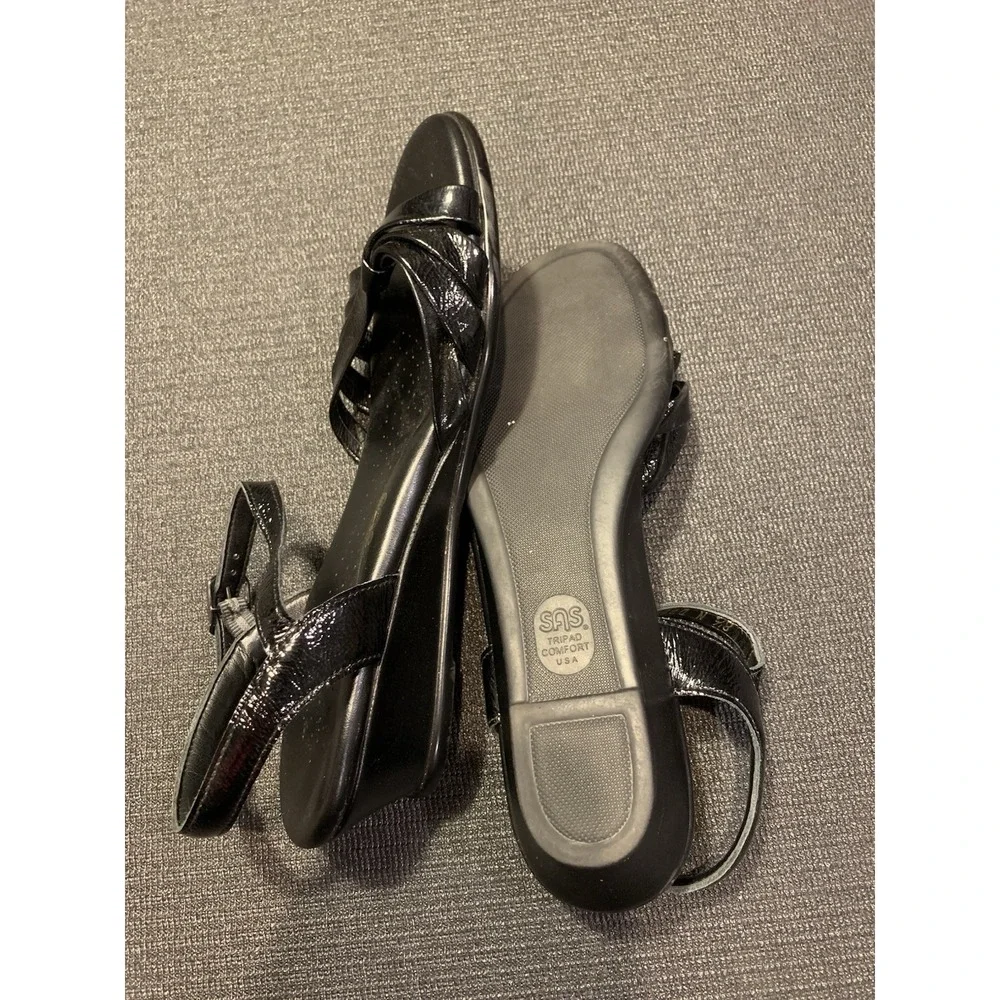 New SAS Women's Black Strippy Quarter Strap Wedge Sandal Shoes Size 8.5 ‎ N